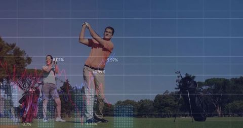 Man Golfing on Tee with Dynamic Market Analytics Overlay