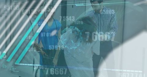 Diverse Couple Navigating Hospital with Digital Analytics Overlay