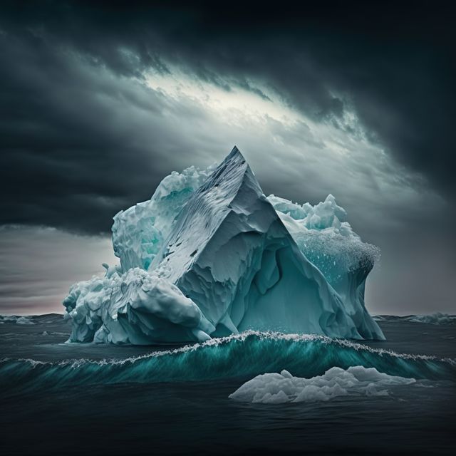 Composition of iceberg on sea over stormy clouds in sky, created using generative ai technology. Nature and icebergs concept digitally generated image.
