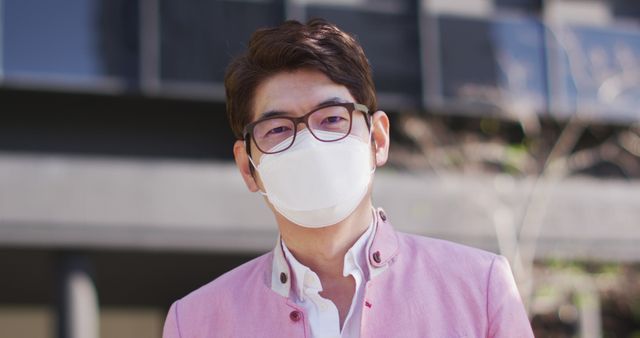 Young man wearing face mask and glasses standing outdoors, appearing confident and focused. Suitable for promoting health and safety, COVID-19 awareness, and personal protective measures.