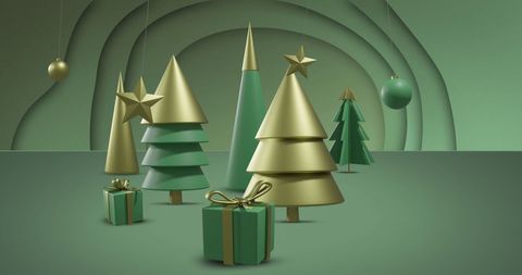 Modern Green and Gold Christmas Trees with Gifts