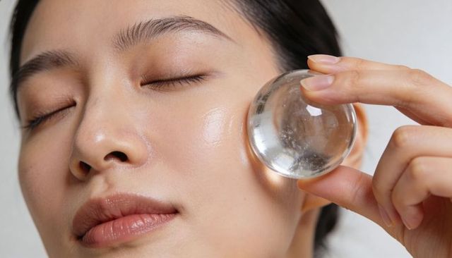 Asian woman pressing glass facial globe for dewy skin glow, spa skincare closeup