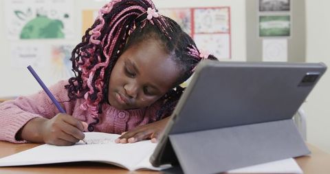 Young Girl Studying with Tablet in Artistic School Environment