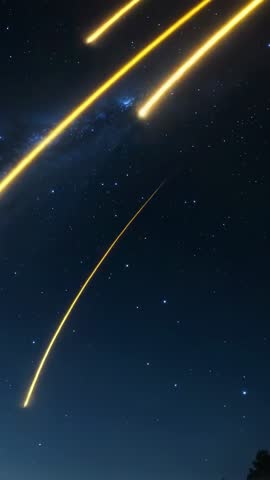 Vertical Video: Golden Meteors Entering Atmosphere and Streaking Across Milky Way Night Sky