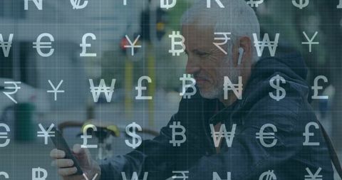 Senior Man Checking Smartphone with Global Currency Symbols Overlay for Mobile Banking
