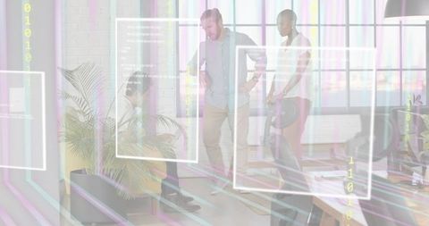 Team collaborating in bright open office with holographic data overlays and skateboard