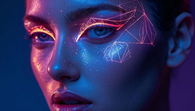 Futuristic neon beauty portrait glowing with geometric wireframe makeup and glitter