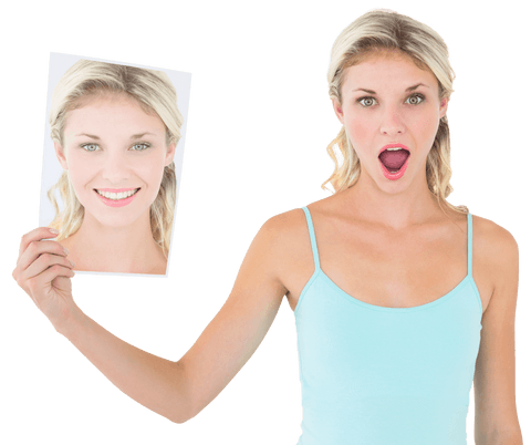 Surprised Caucasian Woman Holding Photo on Transparent Background