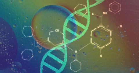 Dna strand and chemical formulas on colorful abstract background
