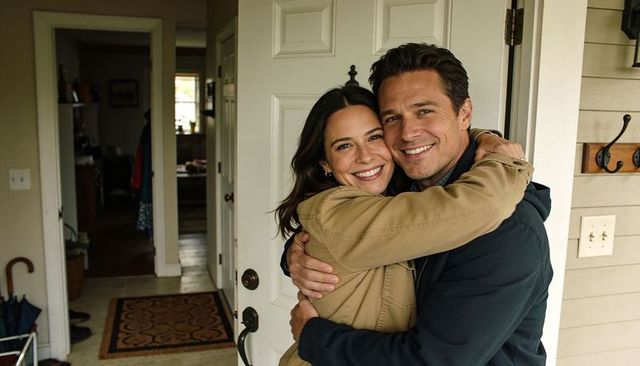 Couple hugging at front door smiling warm welcome home cozy entryway embrace lifestyle