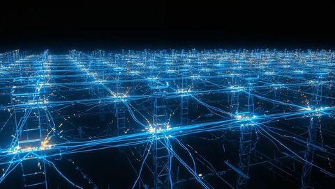 Neon-blue grid of glowing transmission towers visualizing digital power network