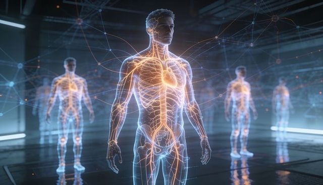 Glowing holographic human anatomy showing heart, circulatory system and neural networks