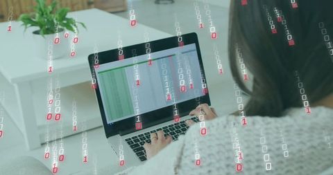 Korean woman typing laptop spreadsheet with floating binary code in calm home office