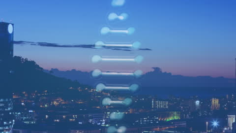 Digital DNA Helix Rotating Over Vibrant Cityscape at Sunset
