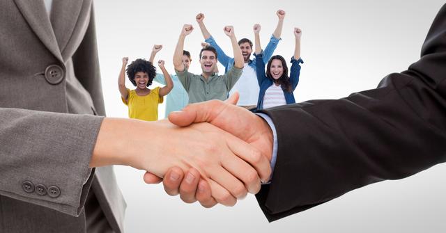 Business professionals shaking hands in foreground with a diverse group of cheerful employees celebrating in the background. Ideal for illustrating concepts of teamwork, successful partnerships, corporate agreements, and collaborative achievements in a professional setting.