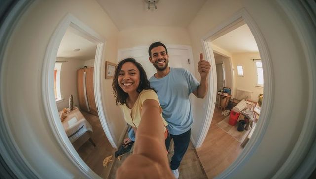 Smiling young couple moving into new home, unpacking boxes and taking selfie in hallway