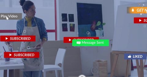 Artist in studio with modern social media overlays