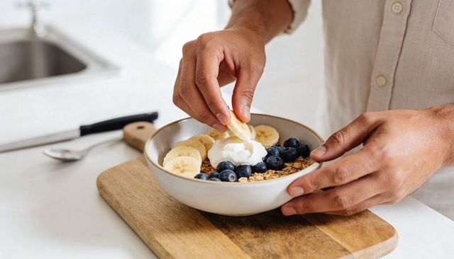 Preparing yogurt bowl with banana slices, blueberries and granola on wooden cutting board