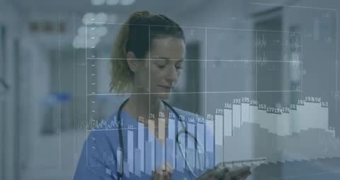 Nurse Using Tablet With Data Overlay in Modern Healthcare Environment
