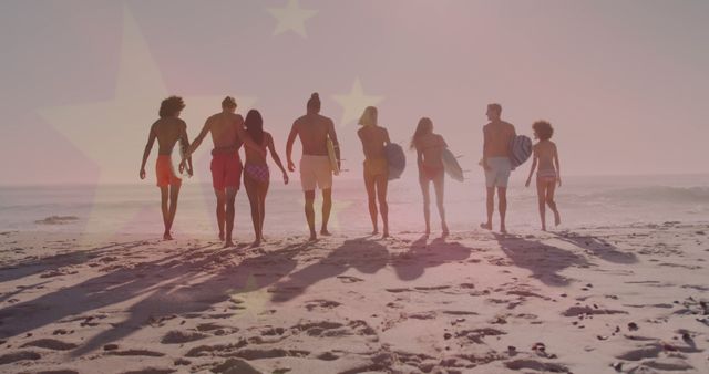 Group of friends walking towards ocean holding surfboards at sunrise, perfect for promoting beach vacations, surfing lifestyle, summer fun, adventure, and outdoor leisure activities. Ideal for travel agencies, tourism campaigns, and advertisements for surfing equipment and beachwear.