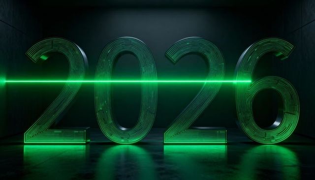 Glowing 2026 numerals with green laser line reflecting on glossy floor futuristic design