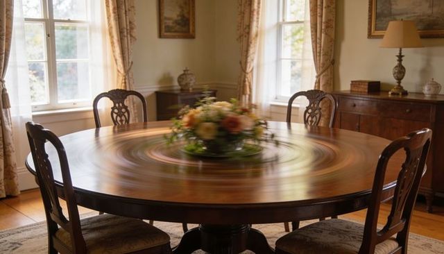 Spinning Round Wooden Dining Table with Floral Centerpiece in Classic Dining Room