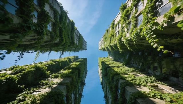 Vines climbing concrete towers framing narrow sky shaft in urban courtyard