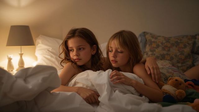 Two children cuddling under duvet at night in warm lamplight, siblings sharing calm moment