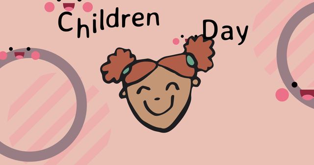 This image features a cheerful cartoon illustration of a smiling child with the text 'Children Day' displayed on a playful pink background. Ideal for use in educational materials, event posters, social media campaigns, school celebrations, and marketing materials aimed at children's products or activities.
