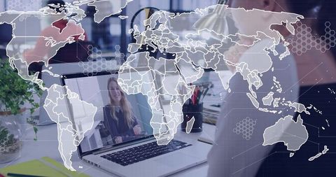 Global Remote Collaboration Showing Virtual Meeting on Laptop with Woman at Workspace