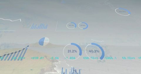 Overlaying translucent data visualization over coastal seascape showing circular gauges