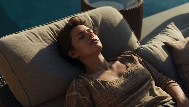 Serene woman reclining on poolside cushion soaking up warm sunlight beside wicker lounge