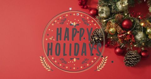 Festive Christmas Wreath with Happy Holidays Text on Red