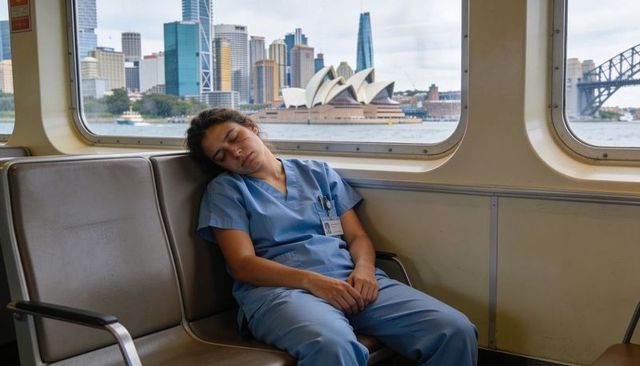 Resting nurse in blue scrubs on sydney ferry with opera house and harbour skyline