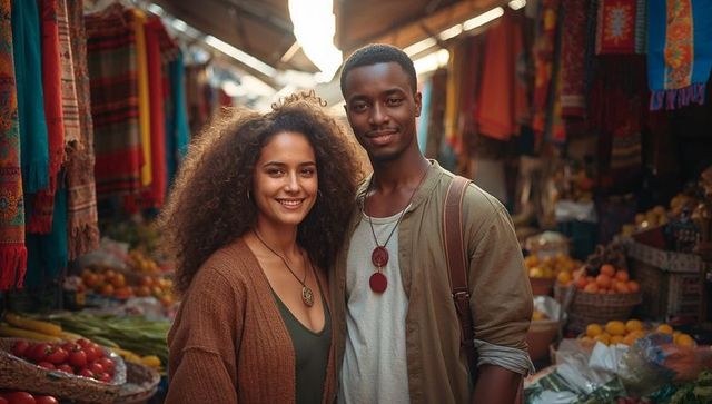 Smiling young couple exploring colorful bazaar with fresh produce and textiles