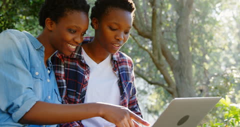 Twin Sisters Using Laptop Together in Park