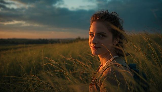 Young woman hiking through tall grass at golden hour, looking back with soft smile
