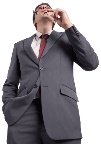 Transparent Confident Businessman in Grey Suit Holding Glasses