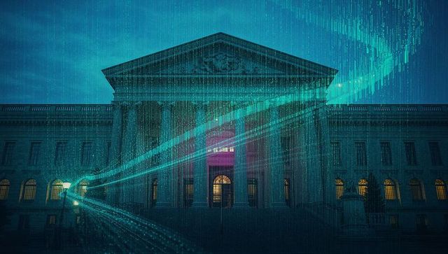 Neoclassical building overlayed with cascading digital code streams