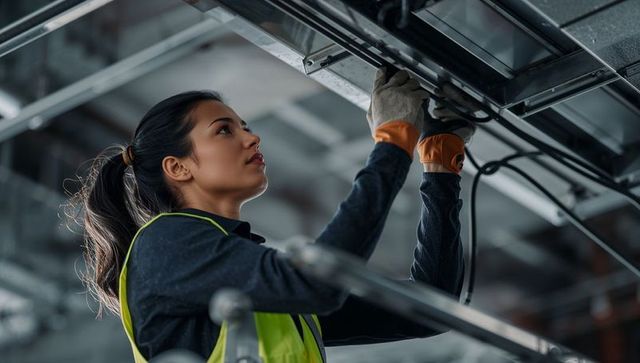 Female Technician Adjusting Overhead HVAC Unit Wearing Hi-Vis Vest and Protective Gloves