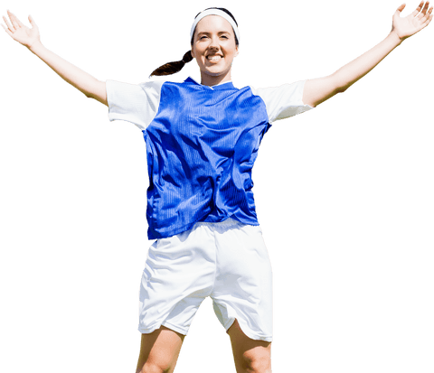 Happy sportswoman celebrating victory with outstretched arms on transparent background