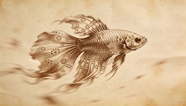 Swimming ornate betta fish illustration on aged parchment with flowing fins and sepia ink