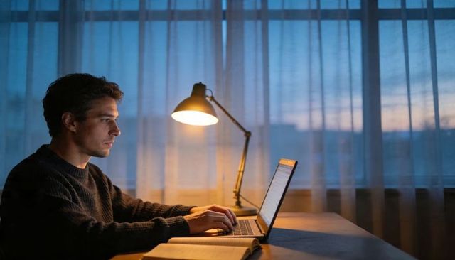 Late-night remote work home office focused man typing on laptop under warm desk lamp glow
