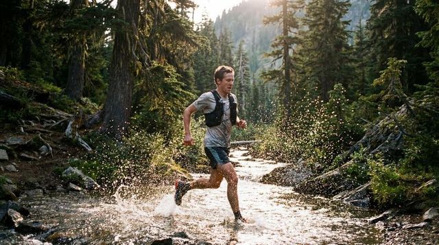 Trail runner splashing through mountain creek in forest with hydration vest at golden hour