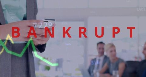 Female Executive Holding Smartphone Presenting to Board with BANKRUPT and Falling Graph