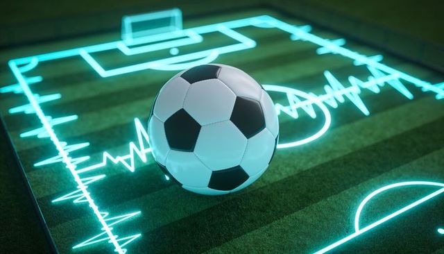 Futuristic neon soccer ball on turf with ecg waveform highlighting performance data