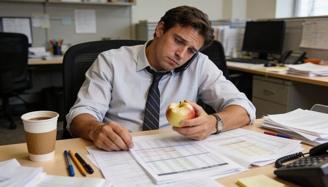 Overworked office worker multitasking on phone while reviewing financial reports and eating apple
