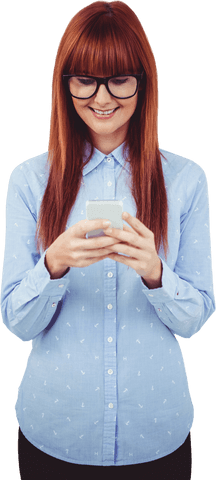 Smiling hipster woman texting on smartphone with transparent background