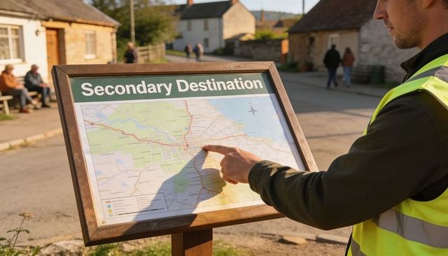 Man wearing high-vis vest pointing at village wayfinding map board on sunlit street for navigation