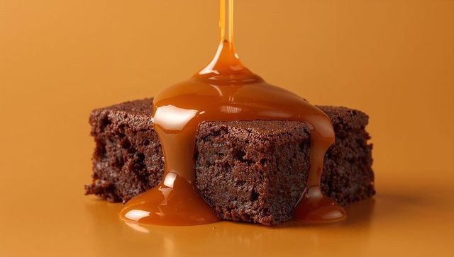 Caramel pouring over fudgy chocolate brownies creating glossy drip and gooey pool
